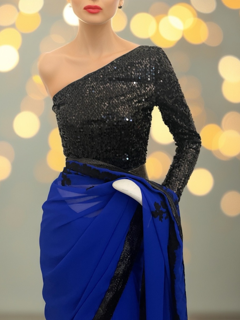 Royal Blue and Black Embellished Saree